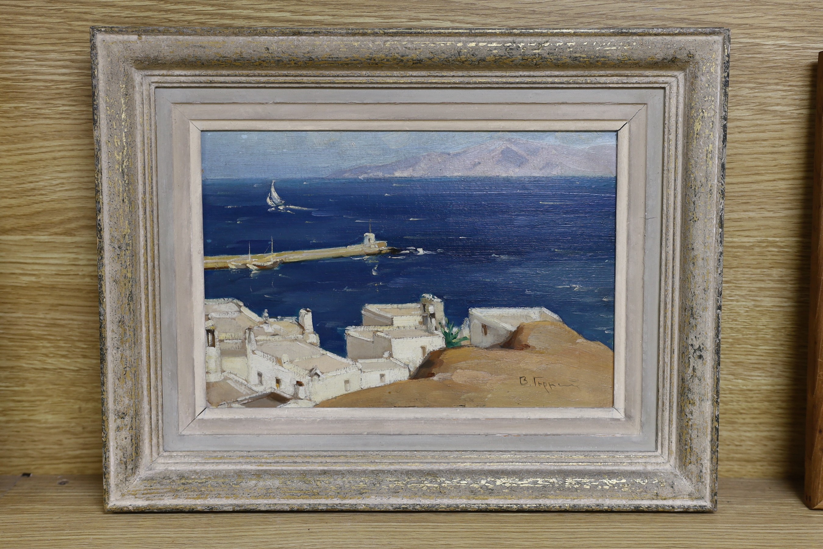 Greek School, oil on board, Coastal scene, indistinctly signed, 19 x 28cm
